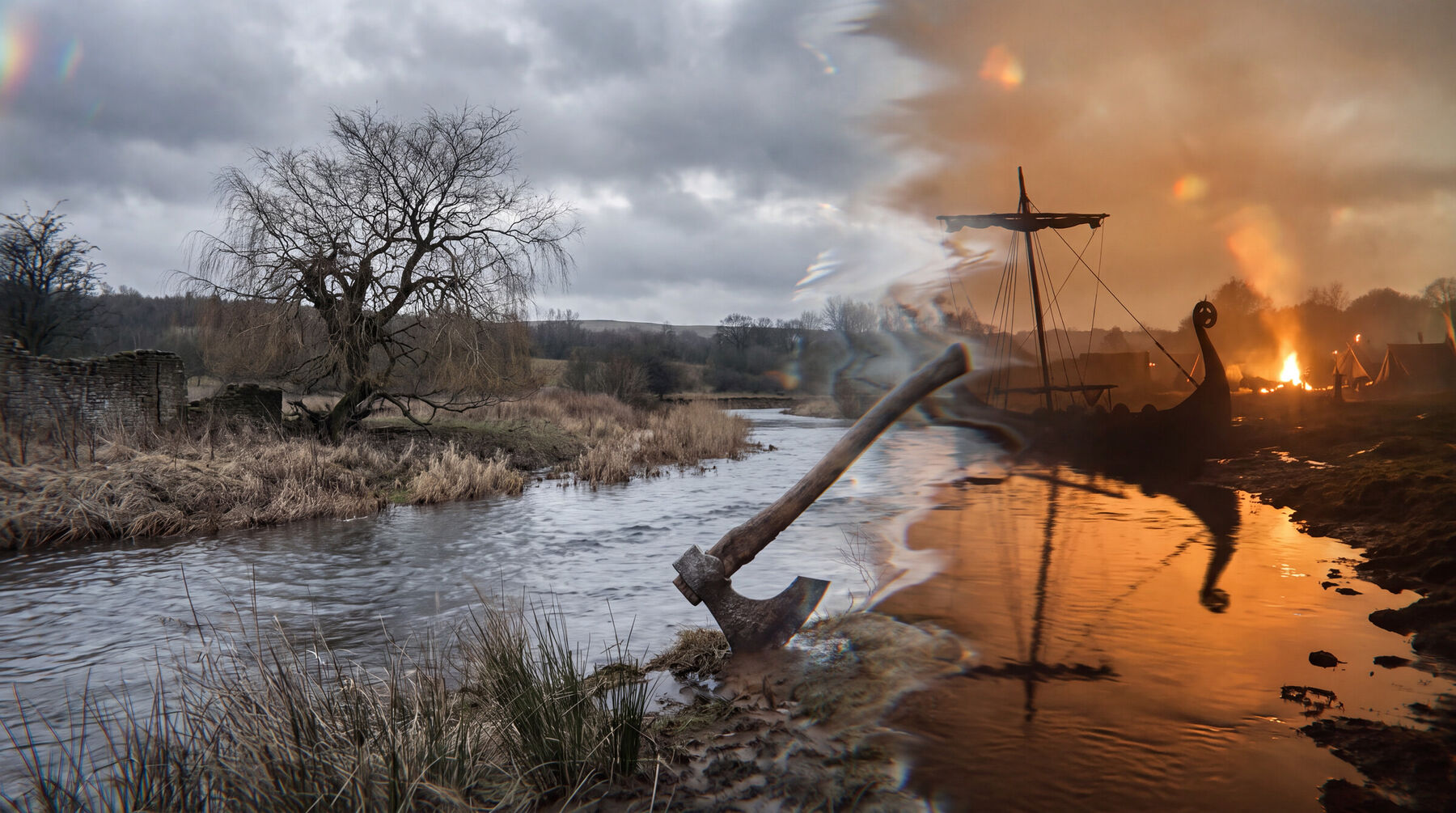 An axe stands in a riverbank while a longship burns beyond.