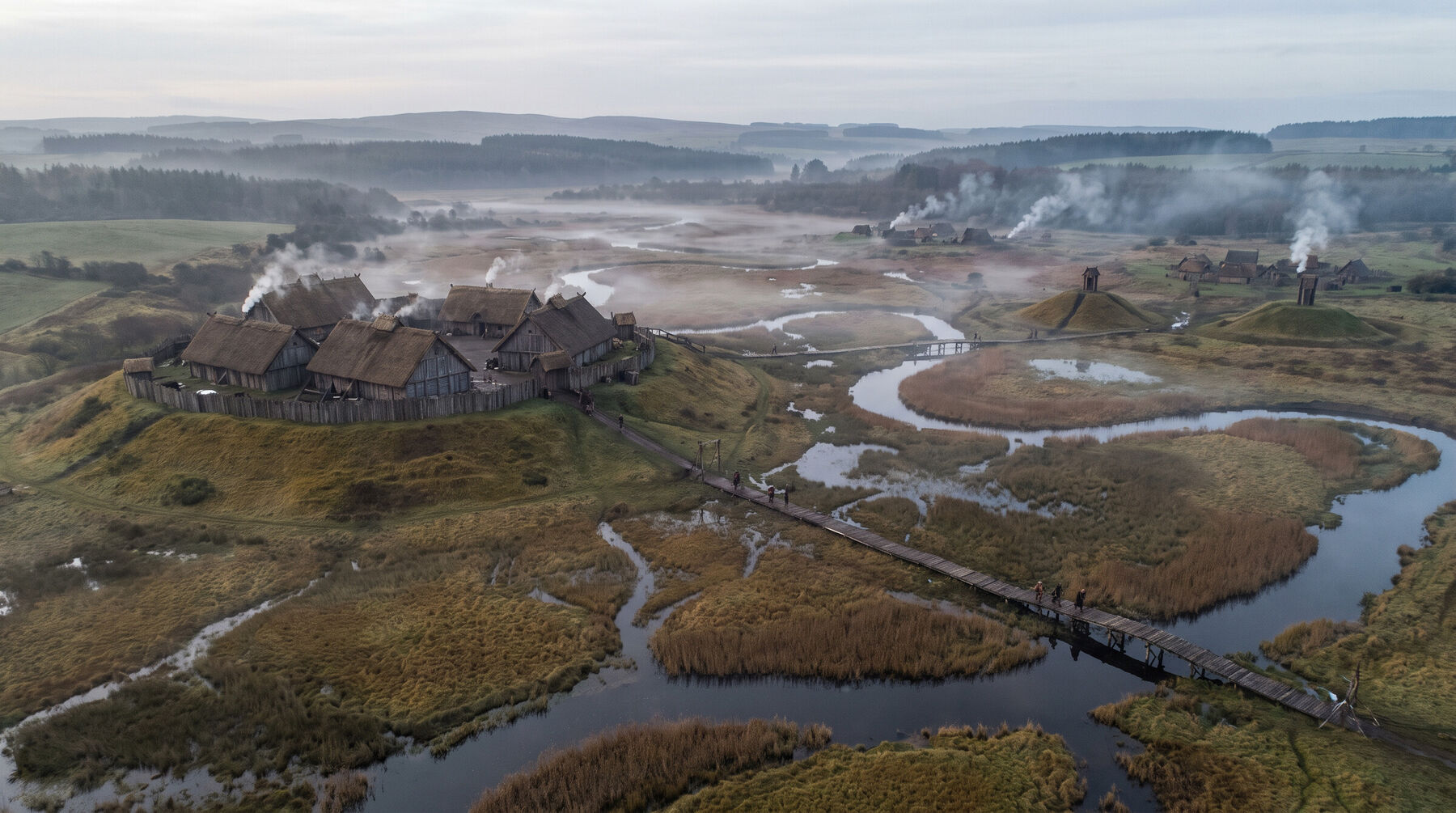 Aerial view of a timber royal estate among river marshes.